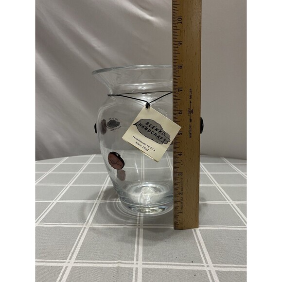 Vtg Blenko Handcrafted Clear Glass Vase 8”h w/Applied Purple Dots Original Tag - Picture 6 of 8